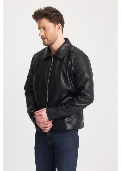 Erkek Deri Düz Fermuarlı Siyah Mont Omuz Desen Garnili Ceket fiyatları