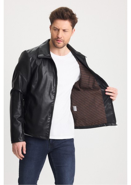 Erkek Deri Düz Fermuarlı Siyah Mont Omuz Desen Garnili Ceket modelleri