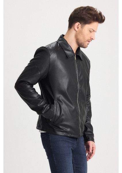 Erkek Deri Düz Fermuarlı Siyah Mont Omuz Desen Garnili Ceket fırsatları