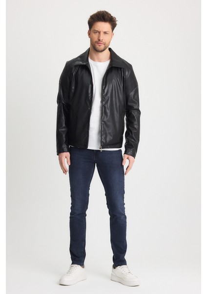 Erkek Deri Düz Fermuarlı Siyah Mont Omuz Desen Garnili Ceket indirimleri
