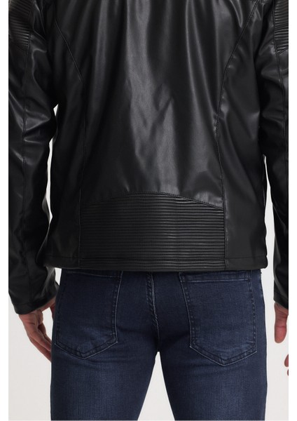 Erkek Deri Düz Fermuarlı Siyah Mont Omuz Desen Garnili Ceket