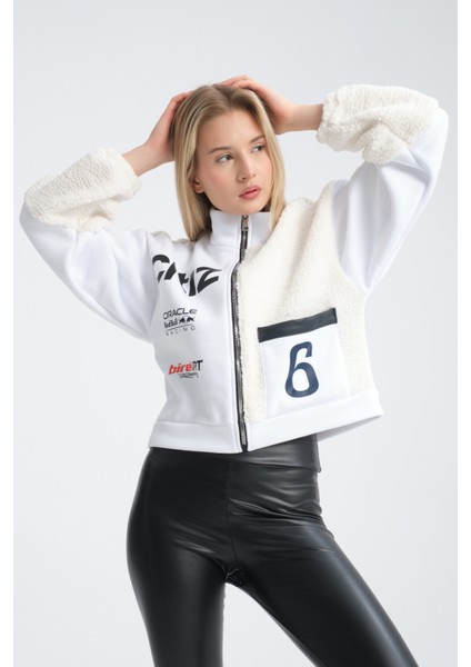 Kadın Oversize Peluş ve Üç Iplik Polar Hırka Baskılı Motorcu Montu Yarışçı Ceket Bomber Kolej Mont