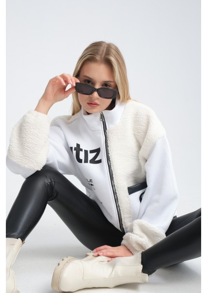 Kadın Oversize Peluş ve Üç Iplik Polar Hırka Baskılı Motorcu Montu Yarışçı Ceket Bomber Kolej Mont fiyatları
