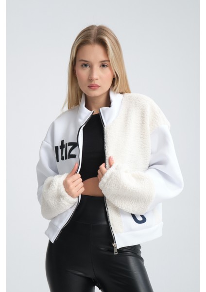 Kadın Oversize Peluş ve Üç Iplik Polar Hırka Baskılı Motorcu Montu Yarışçı Ceket Bomber Kolej Mont modelleri