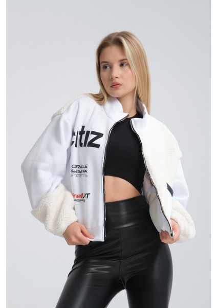 Kadın Oversize Peluş ve Üç Iplik Polar Hırka Baskılı Motorcu Montu Yarışçı Ceket Bomber Kolej Mont fırsatları