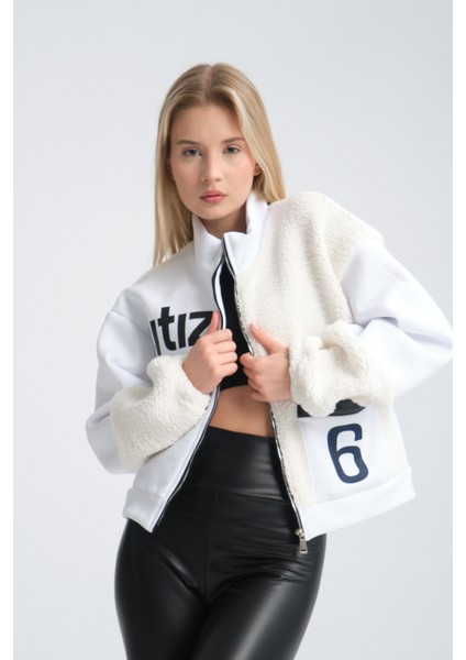 Kadın Oversize Peluş ve Üç Iplik Polar Hırka Baskılı Motorcu Montu Yarışçı Ceket Bomber Kolej Mont indirimleri