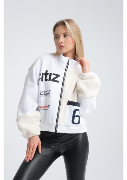 Kadın Oversize Peluş ve Üç Iplik Polar Hırka Baskılı Motorcu Montu Yarışçı Ceket Bomber Kolej Mont