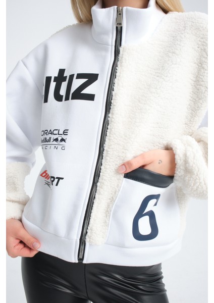 Kadın Oversize Peluş ve Üç Iplik Polar Hırka Baskılı Motorcu Montu Yarışçı Ceket Bomber Kolej Mont