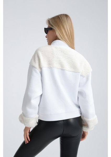 Kadın Oversize Peluş ve Üç Iplik Polar Hırka Baskılı Motorcu Montu Yarışçı Ceket Bomber Kolej Mont