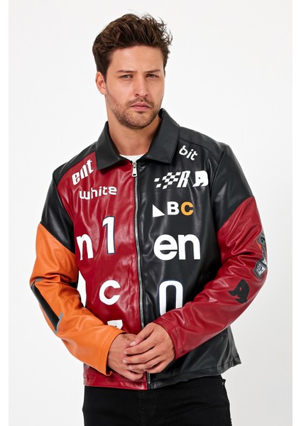 Erkek Oversize Baskılı Motorcu Montu Fermuarlı Yarışçı Ceketi Astarlı Garnili Kolej Bomber Mont