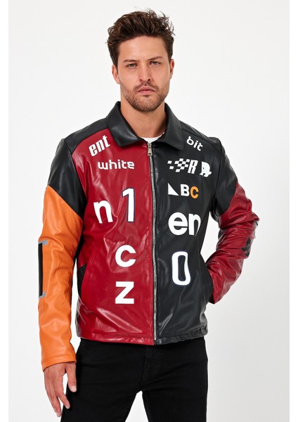 Erkek Oversize Baskılı Motorcu Montu Fermuarlı Yarışçı Ceketi Astarlı Garnili Kolej Bomber Mont