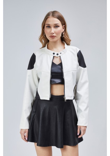 Kadın Oversize Fermuarlı Yaka Çıt Çıtlı Omuz ve Etek Beyaz Desenli Kolej Yarışçı Ceket Motorcu Mont fırsatları