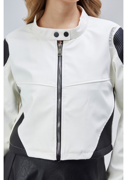 Kadın Oversize Fermuarlı Yaka Çıt Çıtlı Omuz ve Etek Beyaz Desenli Kolej Yarışçı Ceket Motorcu Mont