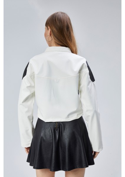 Kadın Oversize Fermuarlı Yaka Çıt Çıtlı Omuz ve Etek Beyaz Desenli Kolej Yarışçı Ceket Motorcu Mont