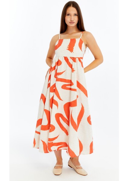 Kadın Askılı Desenli Midi Elbise – Rahat Yazlık Günlük & Şık Elbise