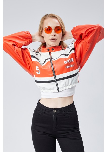 Kadın Deri Baskılı Şeritli Ceket Beli ve Kolu Lastikli Kolej Hakim Yaka Bomber Yarışçı Motorcu Mont