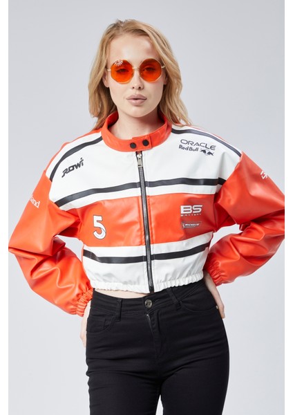 Kadın Deri Baskılı Şeritli Ceket Beli ve Kolu Lastikli Kolej Hakim Yaka Bomber Yarışçı Motorcu Mont modelleri