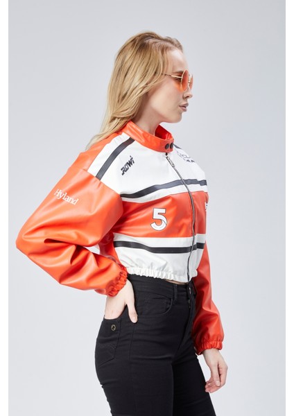Kadın Deri Baskılı Şeritli Ceket Beli ve Kolu Lastikli Kolej Hakim Yaka Bomber Yarışçı Motorcu Mont indirimleri