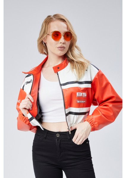 Kadın Deri Baskılı Şeritli Ceket Beli ve Kolu Lastikli Kolej Hakim Yaka Bomber Yarışçı Motorcu Mont
