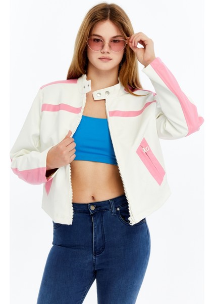 Kadın Şeritli Deri Ceket Günlük Kullanım Niş Özgün Tasarım Mont Fermuarlı Standart Bomber Ceket