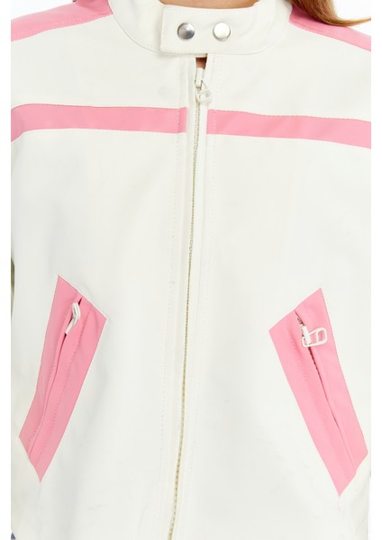 Kadın Şeritli Deri Ceket Günlük Kullanım Niş Özgün Tasarım Mont Fermuarlı Standart Bomber Ceket