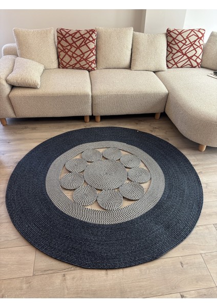 Jutella Hasır Krem Ortası Kurabiyeli Jüt Hasır Yuvarlak Modern Salon Banyo Kilim Halı Paspas Yolluk