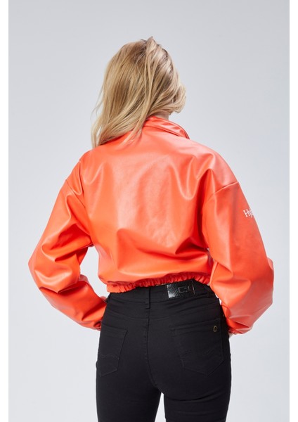 Kadın Deri Baskılı Şeritli Ceket Beli ve Kolu Lastikli Kolej Hakim Yaka Bomber Yarışçı Motorcu Mont