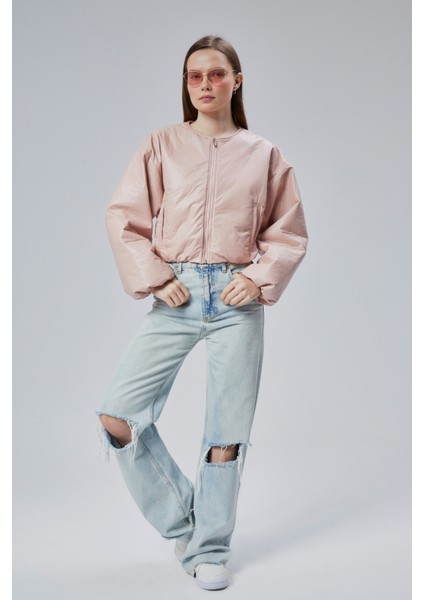 Kadın Puf Elastik Kenarlı Yumuşak Bomber Ceket Bisiklet Yaka Uzun Kollu Önü Fermuarlı Mont fiyatları