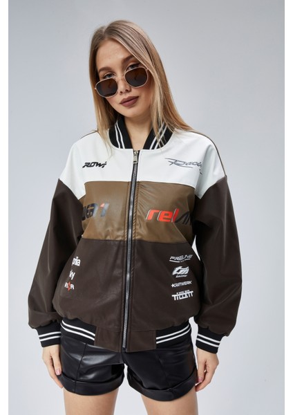 Kadın Oversize Baskılı Motorcu Yarışçı Montu Kolej Ceketi