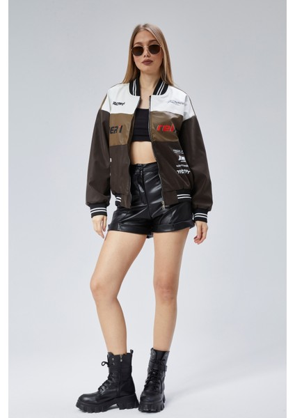 Kadın Oversize Baskılı Motorcu Yarışçı Montu Kolej Ceketi fiyatları