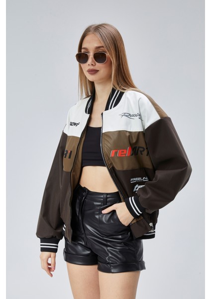 Kadın Oversize Baskılı Motorcu Yarışçı Montu Kolej Ceketi modelleri