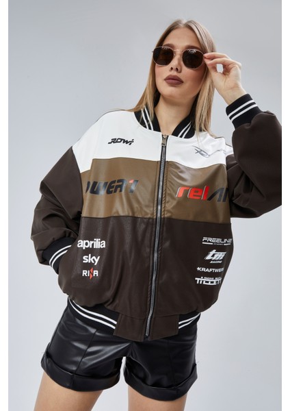 Kadın Oversize Baskılı Motorcu Yarışçı Montu Kolej Ceketi indirimleri