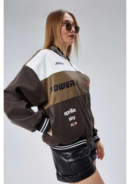 Kadın Oversize Baskılı Motorcu Yarışçı Montu Kolej Ceketi