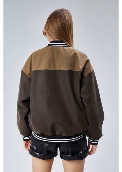 Kadın Oversize Baskılı Motorcu Yarışçı Montu Kolej Ceketi