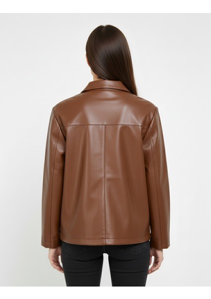 Kadın Çıtçıt Düğmeli - Suni Deri - Ceket -Günlük Kullanım - Blazer Gömlek Yaka - Çift Cepli