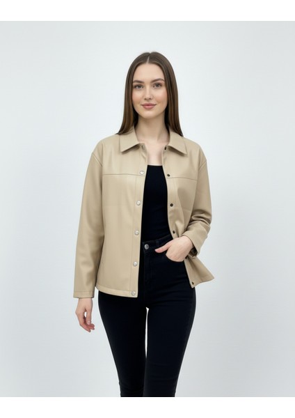 Kadın Çıtçıt Düğmeli - Suni Deri - Ceket -Günlük Kullanım - Blazer Gömlek Yaka - Çift Cepli fiyatları