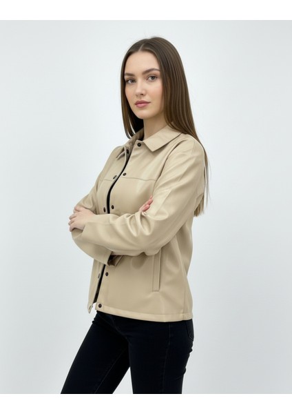 Kadın Çıtçıt Düğmeli - Suni Deri - Ceket -Günlük Kullanım - Blazer Gömlek Yaka - Çift Cepli fırsatları