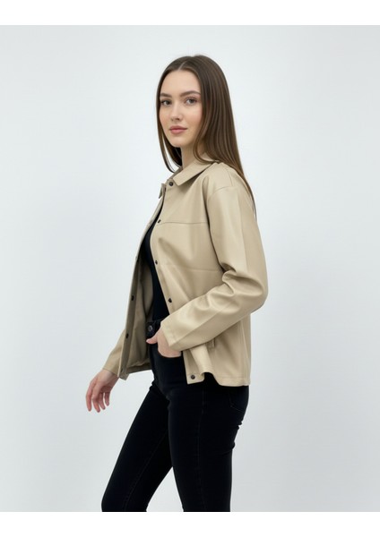 Kadın Çıtçıt Düğmeli - Suni Deri - Ceket -Günlük Kullanım - Blazer Gömlek Yaka - Çift Cepli indirimleri
