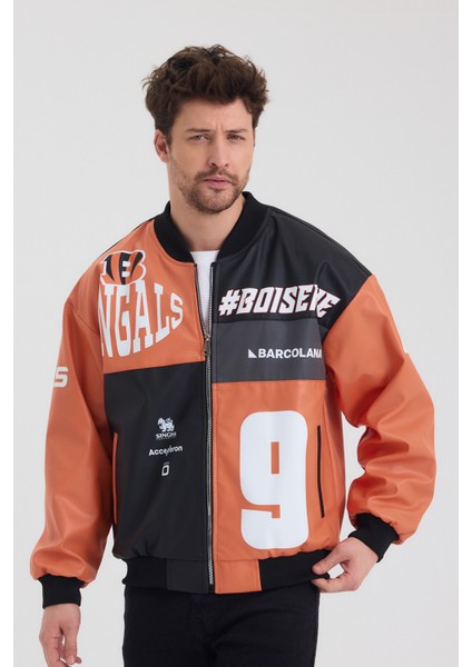 Erkek Oversize Deri Garnili Baskılı Motorcu Montu Kolej Ceketi Bomber Günlük Mont