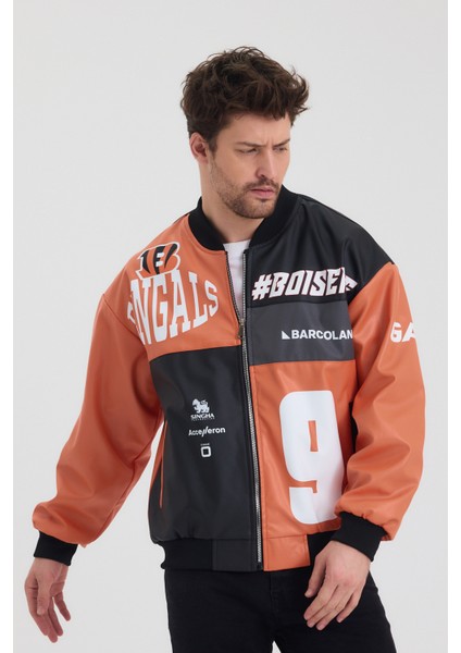 Erkek Oversize Deri Garnili Baskılı Motorcu Montu Kolej Ceketi Bomber Günlük Mont fiyatları