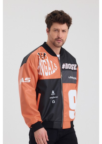 Erkek Oversize Deri Garnili Baskılı Motorcu Montu Kolej Ceketi Bomber Günlük Mont fırsatları