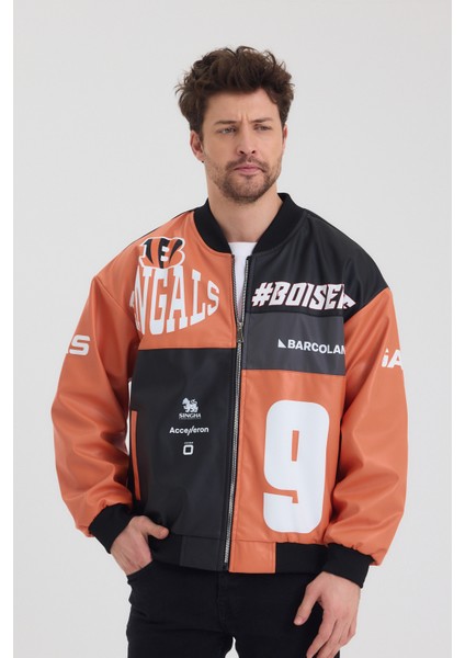 Erkek Oversize Deri Garnili Baskılı Motorcu Montu Kolej Ceketi Bomber Günlük Mont