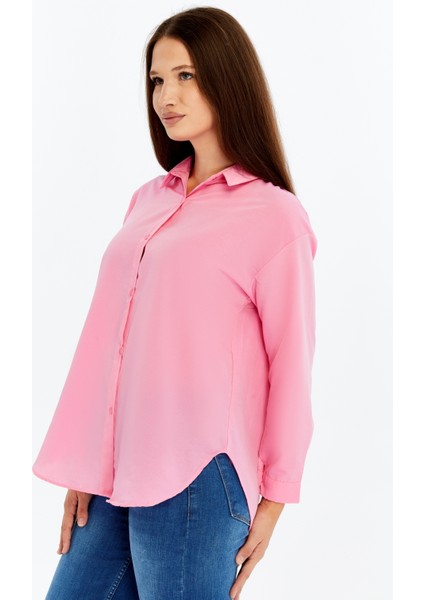 Kadın Uzun Kollu Düğmeli Basic Gömlek – Pembe Rahat Kalıp Günlük & Ofis Şıklığı