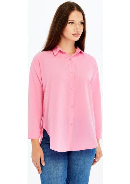 Kadın Uzun Kollu Düğmeli Basic Gömlek – Pembe Rahat Kalıp Günlük & Ofis Şıklığı modelleri