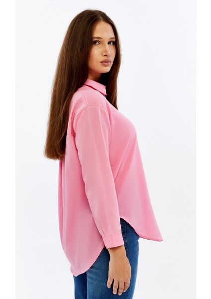 Kadın Uzun Kollu Düğmeli Basic Gömlek – Pembe Rahat Kalıp Günlük & Ofis Şıklığı fırsatları