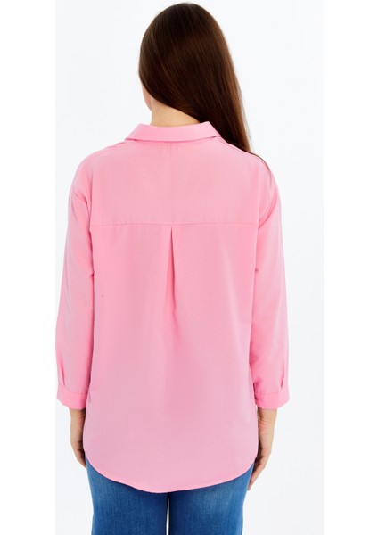 Kadın Uzun Kollu Düğmeli Basic Gömlek – Pembe Rahat Kalıp Günlük & Ofis Şıklığı