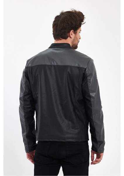 Erkek Baskılı Motorcu Ceket Deri Garnili Yarışçı Mont Fermuarlı ve Çıtçıtlı Kolej Montu Bomber Ceket