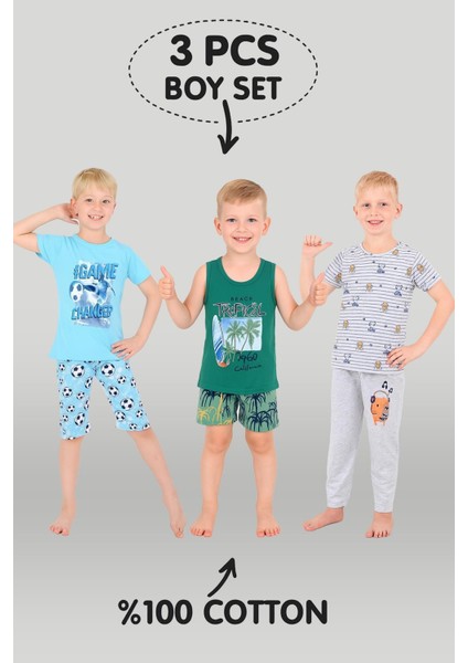Erkek Çocuk 3'lü %100 Pamuklu 4-5-6 Yaş Pijama Takımı MODEL:110