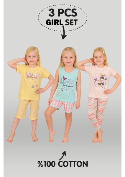 Kız Çocuk 3'lü %100 Pamuklu 4-5-6 Yaş Pijama Takımı MODEL:127
