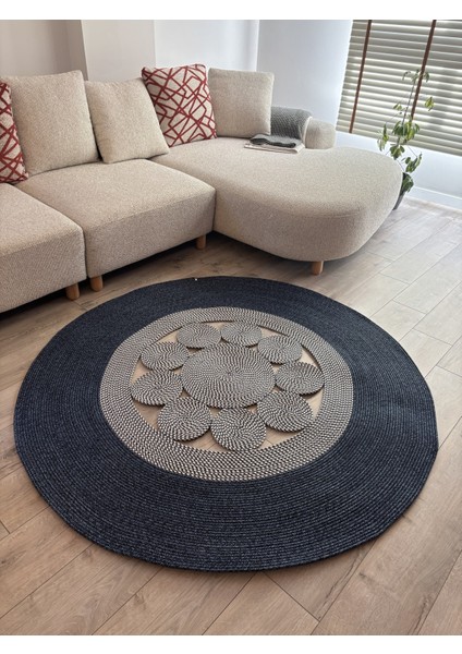 Jutella Hasır Krem Ortası Kurabiyeli Jüt Hasır Yuvarlak Modern Salon Banyo Kilim Halı Paspas Yolluk